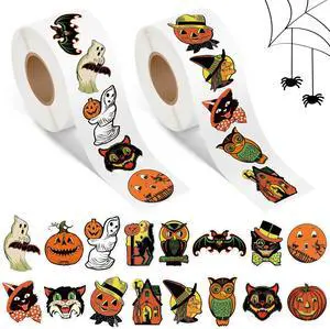 L1rabe Halloween Vintage Sticker Rolls - 1000 Piece Halloween Retro Self-Adhesive Stickers with 16 Designs, Including Pumpkins Black Cats Ghost Witches Decals for Notebooks Scrapbooking Laptop Cup
