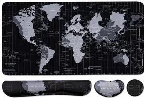 Large Mouse Pad Set, Cute Extended Mouse Pad+Keyboard Wrist Rest Support Desk Pad Memory Foam Ergonomic Easy Typing, 35.4×15.7 in Desk Mat Set for Home Office Study Game - World Map
