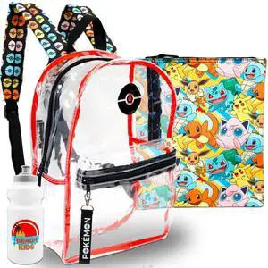 Nintendo Pokemon Clear Backpack Set - Bundle with 16" Pikachu Transparent Backpack Removable Laptop Pouch Plus Water Bottle | Pokemon Laptop Bag for Teens, Adults