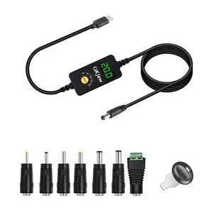 3.94FT USB C to DC PD Trigger Cable with 7 Connector Tips, Adjustable Voltage 5V/9V/12V/15V/20V PD Fast Charging Cable, LED Display, Type-C to DC Power Cable for Multiple Devices