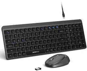 Wireless Keyboard and Mouse Combo for Desktop Mac iPad Bluetooth 2.4 Ghz Rechargeable Silent Click with Number Pad Black Compatible with Pc, Laptop, Tablet (Black)