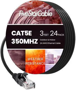 FiveStarCable 24 Pack Snagless Short Cat 5e Ethernet Cable - 3 Ft, High-Speed Internet Network Cable, PoE, RJ45 Connector, Gigabit LAN Patch Cord for Router, Modem, PC, Gaming, Smart TV, PS5, Black