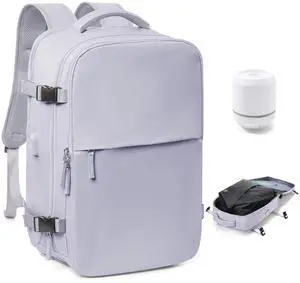 Vacuum Travel Backpack with Pump for Women,Personal Item Carry on Backpacks Flight Approved 18x14x8 inches for Men,Laptop Waterproof Work Compression bags Casual Daypack(Purple)