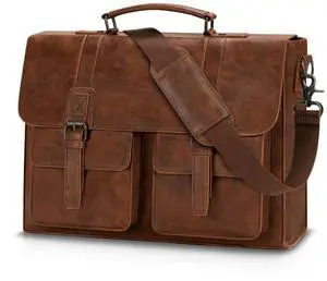 RAINSMORE Leather Messenger Bag for Men 15.6 Inch Vintage Laptop Bag Waterproof Briefcases for Men Computer Shoulder Bag Satchel for Work, Office, College, Business, Brown