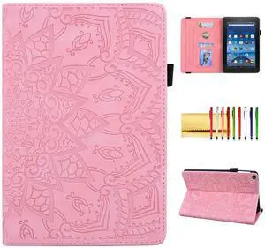 Folio Case for Fire HD 8.0" 2015/2016/2017/2018, Techcircle PU Leather Stand Soft TPU Back Cover Slim Fit Mandala Embossed Case with Card Holder for Kindle Fire HD 8 8th/7th/6th/5th Generation, Pink