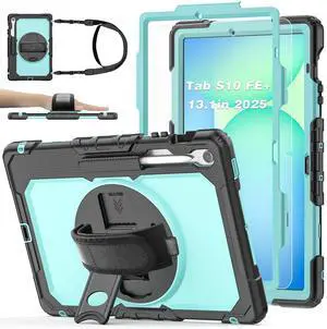 BASE MALL Case for Samsung Galaxy Tab S10 FE Plus 5G Tablet 13.1'', Shockproof Protective Cover with Tempered Glass Screen Protector, Rotatable Kickstand, S Pen Holder, Hand/Shoulder Strap, SkyBlue
