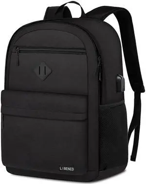 LIBENED School Backpack Teen Boys and Girls, Classical Basic Black Backpack, 15.6 Inch Laptop Bookbag with USB Charger for Women Men, and College High School
