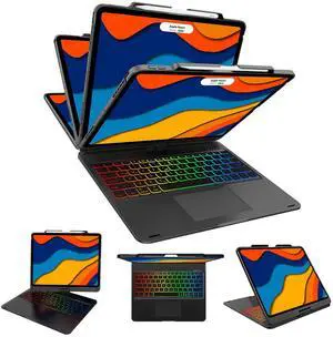 Swivel Wireless Keyboard Case for iPad Pro 12.9 (6th/5th/4th/3rd Gen), Rainbow Backlits & Multi-Touch Trackpad, Magic 360° Rotatable Protective Keyboard Cover with Pencil Holder, Thin & Light-Black