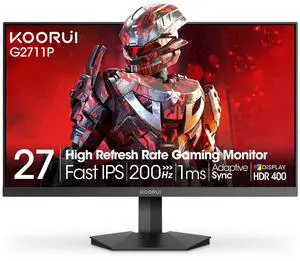 KOORUI Gaming Monitor, 27" 200Hz Fast IPS, FHD HDR400 Display Computer Monitor, 1ms PC Screen, 90% DCI-P3, Adaptive Sync, 75x75 mm VESA Mountable, Tilt Adjustable, HDMI 2.0, DP 1.4