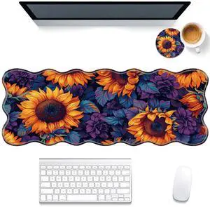 DHEEBFWE Large Gaming Mouse Pad for Desk, 31.5x11.8in, Irregular Wavy Stitched Edges, XL Mousepad with Anti-Skid Rubber Base, Keyboard and Mouse Mat, Office Desk Writing Pad,Sunflower