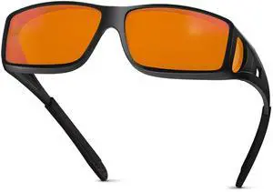 FIONOFY Fit Over 100% Blue Light Blocking Glasses for Sleep - Amber Nighttime Eyewear, Wraparound Sleep Glasses, Anti-Blue Blocking Computer Gaming Glasses for Men Women, Black