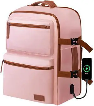 stillithou Expandable Travel Backpack Women Men with USB Charging Port, 15.6 Inch Laptop Backpack Waterproof Carry on Flight Approved for Travel Work Hiking College, Pink