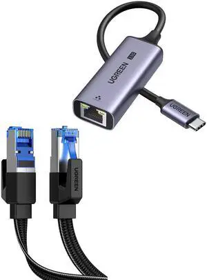 UGREEN Cat 8 Ethernet Cable 3FT Flat High Speed 40Gbps 2000Mhz Internet Cable Bundle with USB C to Ethernet Adapter 2.5G Compatible for MacBook Air/Pro, XPS, iPhone 15/Plus/Pro/Max
