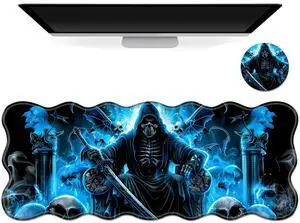 Tudguiloae Large Gaming Mouse Pad with Coaster, Edge Stitching Keyboard Blue Fire Skull Ghost Rider Mouse Mat for Desk, 31.5" x 11.8" Household Extended Desk Pad for Desktop, Non-Slip Rubber Base