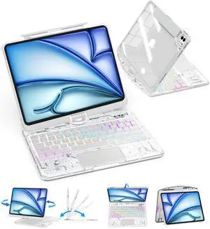 Clear Keyboard Case for iPad Air 11 Inch (M3/M2, 2025/2024)/ iPad Air 5th/4th Generation 10.9" 2022 2020/ iPad Pro 11" 1/2/3/4 2018-2022, Trackpad, Pencil Holder, 7-Color Backlit, Rotatable, White