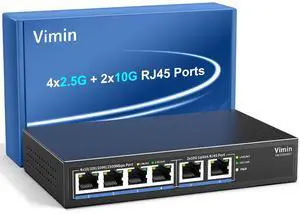 6-Port 10G/2.5G Ethernet Switch with Dual 10GBASE-T, Vimin 4X 2.5G +2 x 10Gb RJ45 Ports Unmanaged Switch, 60Gbps Capacity, 10G Switch Desktop/Wall Mount Network Switch for NAS, PC, Wireless AP