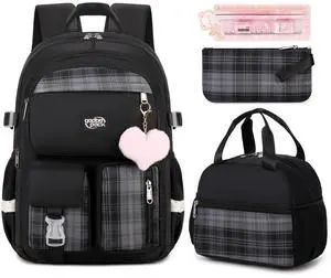qodbopack 3PCS Backpack For School Women College Middle High Teen Girls Student Bookbag Waterproof Laptop Bag Plaid Black