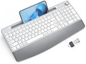 GAMCATZ Ergonomic Wireless Keyboard with Wrist Rest-Low-Profile,Phone/Tablet Holder,Quiet DesignWindows & Mac OSFull Size Cordless USB Computer Keyboard for Desktop,Laptop, PC, Mac, Windows-White