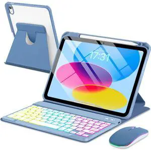 EAMPANG Case with Keyboard Mouse for iPad A16 11th 10th Generation 11/10.9 inch,Rainbow Backlit Detachable Keypad Rotatable Magnetic Cover with Pencil Holder for iPad 11 2025 10 Gen 2022 Blue