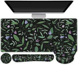 DINKY Keyboard Mouse Pad Set, Large Gaming Mousepad, Memory Foam Ergonomic Keyboard Wrist Rest Support, Extended Desk Mat Cushion pad for Office,Home, Green Leaves Plant