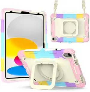 Dteck Kids Case for iPad A16/10th Generation 2025/2022, Heavy Duty Hybrid Shockproof 360°Swivel Kickstand Anti Scratch Durable Protective Case with Pencil Holder Shoulder Strap,Pink/Colorful