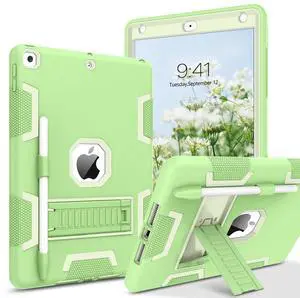 VENINGO iPad Case - 3 in 1 Heavy Duty Rugged Shockproof Protective Tablet Cover with Stand Pen Holder, Green/Light Yellow