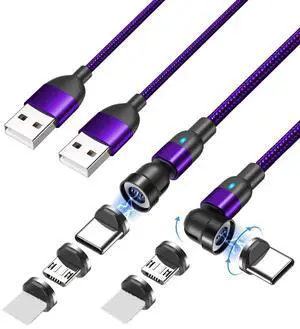 BITHAI 2Pack QC 3.0/3A Fast Charging Cord - 360 Rotating Magnetic Phone Charger - 3 in 1 USB Magnetic Charger Cable (3.3ft/3.3ft)