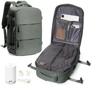 Vacuum Travel Backpack for Women Men Seal Compression Air Vacpack with Pump laptop Compression Bags with Shoe Compartment Flight Approved Personal item Travel Bag Carrry on Luggage Dark Green