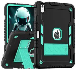 ZoneFoker for iPad (A16) Case 11th Generation 11 inch 2025 / iPad 10th Gen 10.9 inch 2022, Heavy Duty Durable i Pad 11/10 Gen Cover with Pencil Holder/Stand for Kids (Black+Teal)