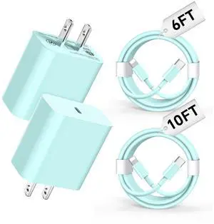 Riofxqin Phone Charger Fast Charging,MFi Certified 2-Pack 20W USB-C Wall Charger with 1-Pack 6FT/10FT Fast Charging Type-C to Liightning Cable for Phone 14/13/12/11/Plus/Pro/Pro Max/Mini/Pad(Green)