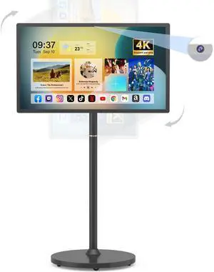 27-Inch Portable Smart TV on Wheels with Touch Screen Monitor | 8G RAM +128G Storage | 8-core CPU Qualcomm | Built-in 8-10H Battery | 8MP Webcam | Android 13 OS | Full Swivel Rotation | Remote Control