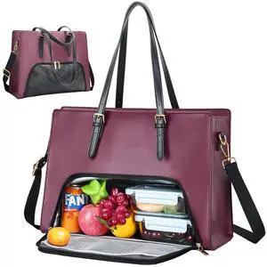 Jetviivid Laptop Tote Bag with Lunch Compartment, 15.6 Inch Work Bag PU Leather Computer Briefcase for Women, Laptop Shoulder Handbag for Business,Office,Work,Purple