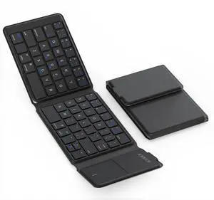 Foldable Bluetooth Keyboard with Touchpad, Ultra-Slim Rechargeable Wireless Travel Keyboard, Full-Size, Premium Leather Texture, Portable Tri-Folding Pocket-Sized for Windows Mac Android iOS