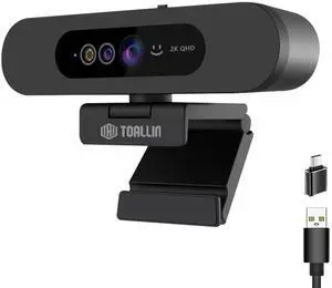 TOALLIN 2K QHD Webcam for Windows Hello Face Login, IR Facial Recognition Camera, USB Webcam with Microphone, 92° Wide Angle View, Computer Web Camera for Video Calls
