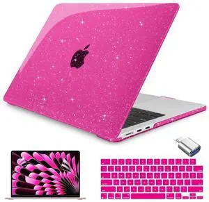 Teryeefi Compatible with MacBook Air 15 inch Case M4 M3 M2 Chip 2025 2024 2023 Release A3241 A3114 A2941 Model with Keyboard Cover + Type C Adapter for Air 15.3 Sparkly Case, Glitter Rose Pink