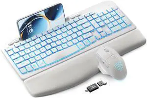 SABLUTE Wireless Keyboard and Mouse Combo - Ergonomic Wave Keyboard with Soft Leather Wrist Rest, Phone Holder, Rechargeable, RGB Backlit Mouse, Full-Size Set for Windows/Mac/Computer (White)