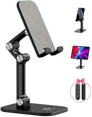 OCYCLONE Cell Phone Stand + 2 PCS Cable Organizer, Angle Height Adjustable iPhone Stand for Desk, Foldable Cell Phone Holder Tablet Stand Compatible with 4.7"-13" Phone Tablet
