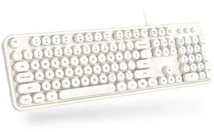MOWUX Computer Keyboard Wired, Plug Play USB Retro Round Typewriter Keyboard, Full Size Wired Keyboard with Foldable Stands for Laptop and Office PC