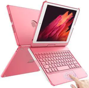 TQQ Touch for iPad 9th Generation Case with Keyboard (10.2", 2021), Multi-Touch Trackpad, 360° Rotatable Protective Cover for iPad Keyboard 9th/8th/7th Gen with Pencil Holder (Pink)