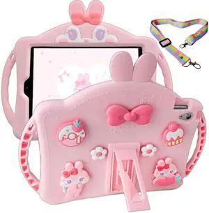 IPad (A16) 11th Generation Case for Girls Women 11-inch 2025, UFAINEI Cute Pink Rabbit Cases for iPad 10th Generation 2022 10.9 inch Cover with Kickstand Hand Handle & Adjustable Shoulder Strap-Pink