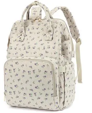 Yusudan College Laptop Backpack, Travel Backpack for Women, Corduroy Casual Daypack, School Backpack Bookbag for Girls (Beige Corduroy Floral Purple)