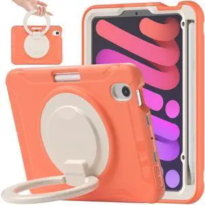 BATYUE Case for iPad mini 7 (A17 Pro) 2024/ Mini 6 8.3'' 2021,Full-Body Shockproof Protective Case for Kids with 360° Rotating & 180° Folding Stand, Handle& Pencil Holder| Orange