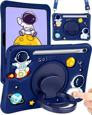 Wazzasoft for Samsung Galaxy Tab S10 FE/S9 FE Case - Tab S9 Case Boys Cute Astronaut Cover Kawaii 3D Spacemen with Rotating Handle Stand + Strap Soft Silicone Cover Funda para Tab S10 Fe 10.9 Inch