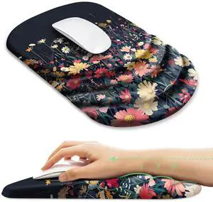 Ergonomic Mouse Pad with Wrist Rest Support,Non-Slip PU Base,Massage for Carpal Tunnel Pain Relief,Memory Foam Mousepad for Home,Office,WorkBlack Flower
