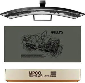 MPCO. Blueprints Large Gaming Desk Pad - 36" x 17" Duraglyde Fabric Willys Jeep  Green Desk Mats - Non-Slip, Washable, Smooth Glide for Precision Gaming & Work