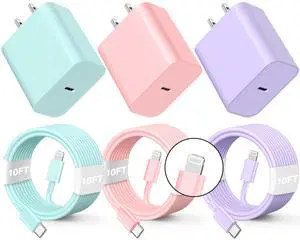 BUSFUL Compatible with iPhone Charger Fast Charging, [3Pack 10FT] 20W PD USB C Wall Charger Block with Type C to Lighting Cable Compatible with iPhone 14/13/12 Pro Max/11/XS/XR/X/8/Plus