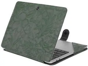 MOSISO Case Compatible with MacBook Air 13.6 inch M4 M3 M2 2025-2022 /Air 13 M1 2022-2018 /Pro 13 M2 M1 2025-2016, Embossed Retro Hibiscus PU Leather Portfolio Protective Stand Cover, Emerald Green
