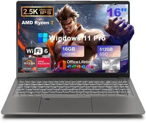 2025 16 Inch 2.5K IPS Gaming Laptop Computer, AMD Ryzen 7 6800H (Up to 4.7GHz), 16GB DDR5 512GB SSD, AMD Radeon 680M, WiFi 6, Type-C, Webcam, Fingerprint, Backlit Keyboard, Windows 11 Pro w/ MS Office