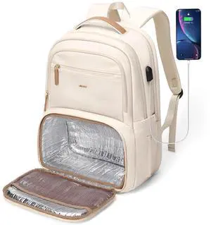 MDODO Lunch Backpack for Women Men,15.6Inch Insulated Lunch Box Backpack with USB Charging Port, Diaper Laptop Back pack for Travel Picnic Work Teacher Nurse,Beige