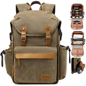 Padwa Lifestyle Khaki Camera Backpack - Professional DSLR & UAV Camera Bag,Anti Theft Canvas Camera Backpack with Rain Cover,Large Capacity Photography Travel Camera Bag with Multi Compartments